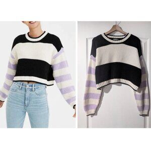 AE | Striped Cropped Crew Neck Sweater In Purple/Black